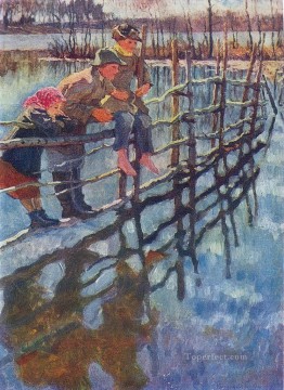 印象派 Painting - フェンスの上の子供たち ニコライ・ボグダノフ ベルスキーの子供たち 印象派